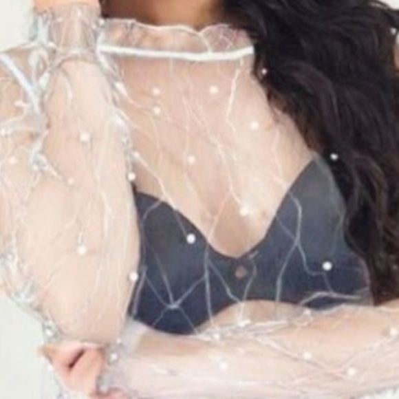 SXY Sheer Top W/Pearl Like Beads Decoration Ruffle Trim Sleeves Blouse - Picture 2 of 4